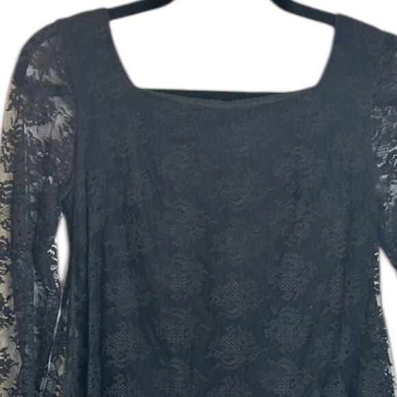 Vintage 60s Black Lacy Babydoll Dress Long Lace Sleeve Bow Metal Zipper Size S - Picture 3 of 6